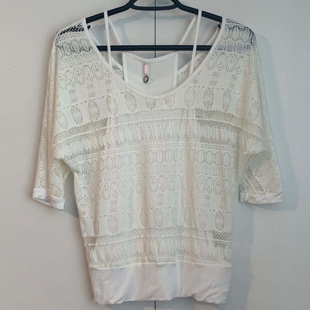 Robin K White Lace 3/4 Batwing Sleeve Scoop Neckline Blouse Size Small